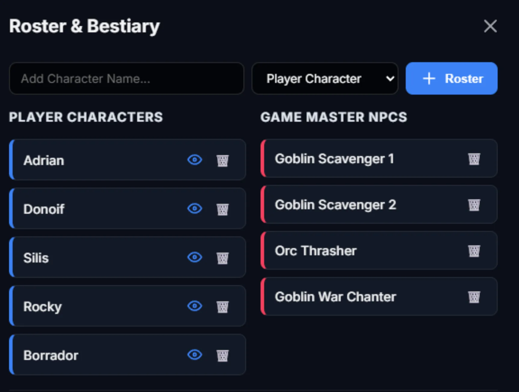 LoreForge Works GM profile overview showing room characters