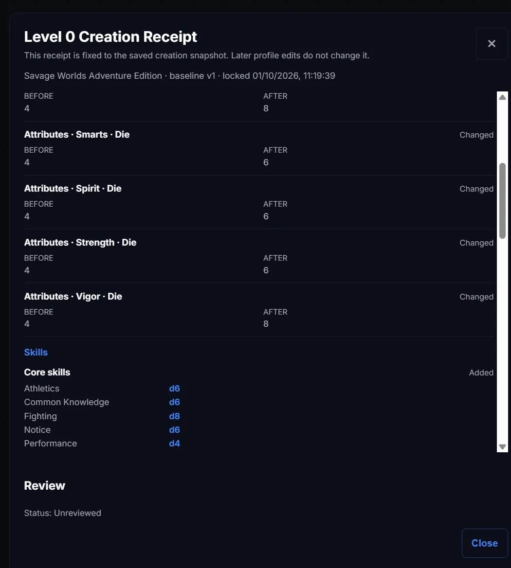 Level 0 receipt for locking a character's starting state